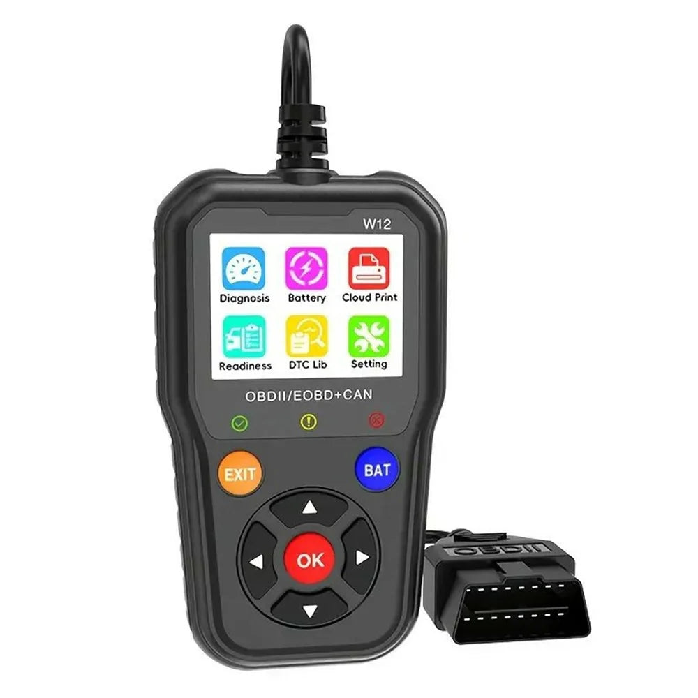 W12 OBD2 Scanner OBDII / EOBD+CAN Car Diagnostic Tool with Battery Test 35000+ DTC Lookup - Black - 1