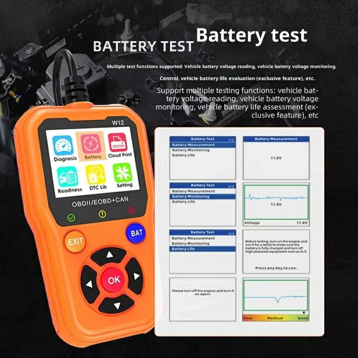 W12 OBD2 Scanner OBDII / EOBD+CAN Car Diagnostic Tool with Battery Test 35000+ DTC Lookup - Black - 4