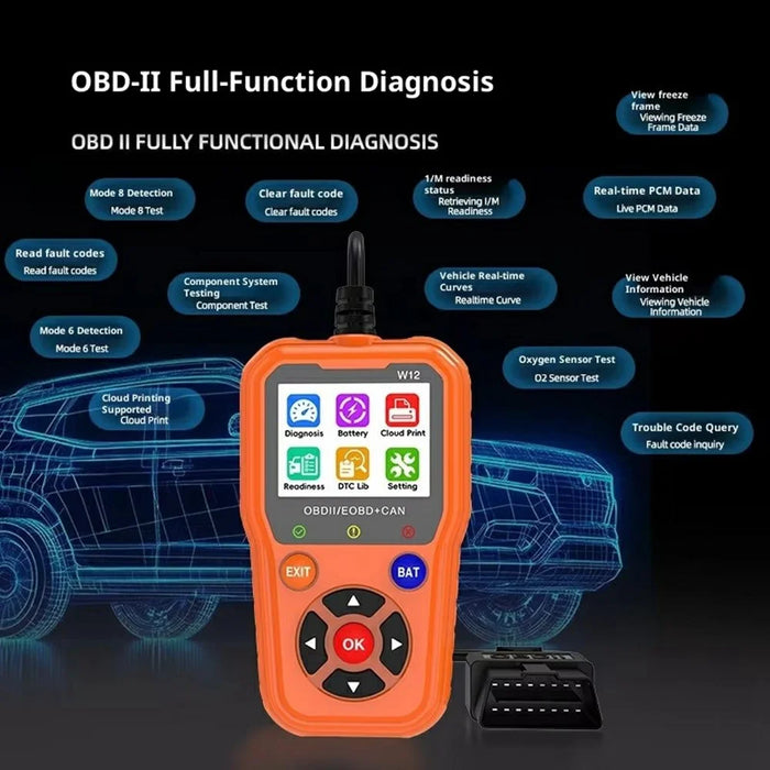 W12 OBD2 Scanner OBDII / EOBD+CAN Car Diagnostic Tool with Battery Test 35000+ DTC Lookup - Black - 5