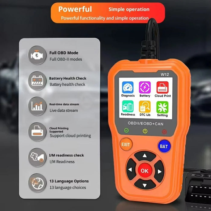W12 OBD2 Scanner OBDII / EOBD+CAN Car Diagnostic Tool with Battery Test 35000+ DTC Lookup - Black - 6