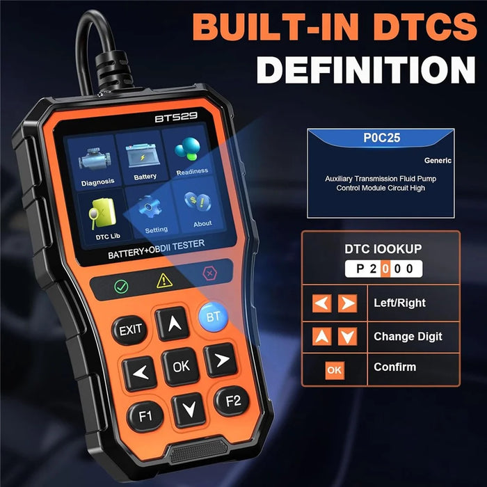 BT529 Bluetooth-compatible Car Battery Tester 2.8 inch IPS Screen OBDII Code Scanner - Orange - 5