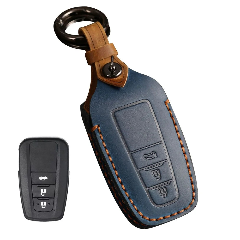 B038 Crazy Horse Cowhide Leather Sleeve 3-Button Car Key Remote Cover Protector Case for Toyota Corolla RAV4 Camry - Blue - 1