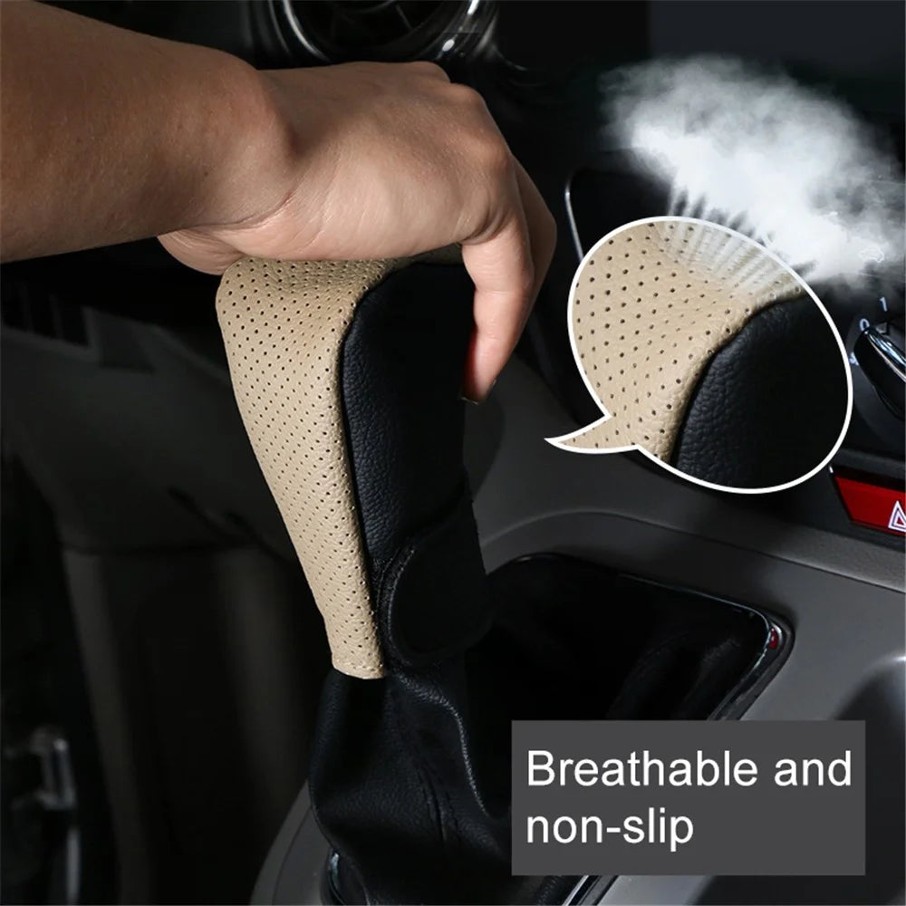 PU Leather Car Shift Knob Stick Cover Breathable Anti-skid Car Gear Shifter Cover - Beige / Black - 2