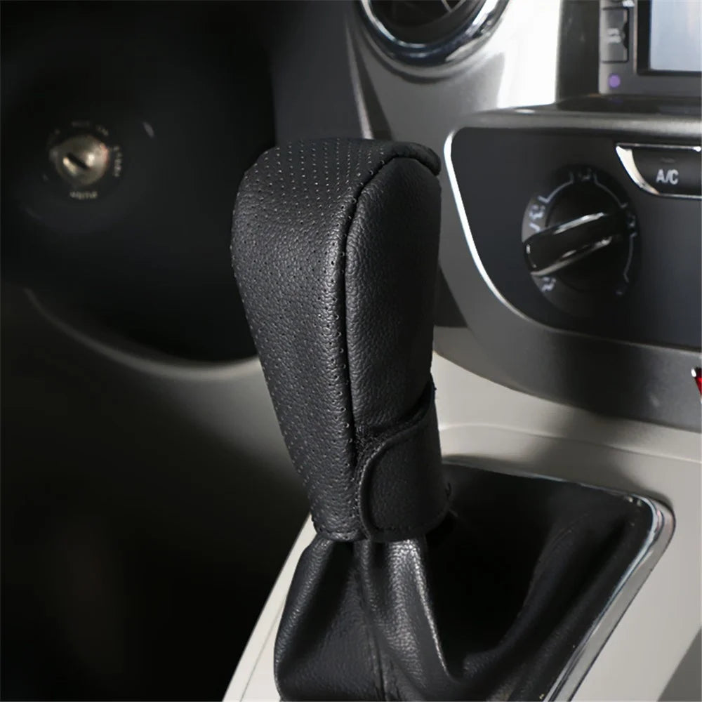 PU Leather Car Shift Knob Stick Cover Breathable Anti-skid Car Gear Shifter Cover - Beige / Black - 3