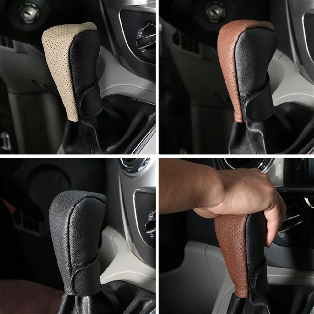 PU Leather Car Shift Knob Stick Cover Breathable Anti-skid Car Gear Shifter Cover - Beige / Black - 4