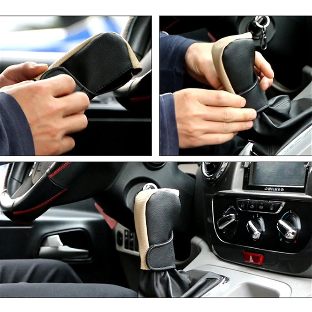 PU Leather Car Shift Knob Stick Cover Breathable Anti-skid Car Gear Shifter Cover - Beige / Black - 5