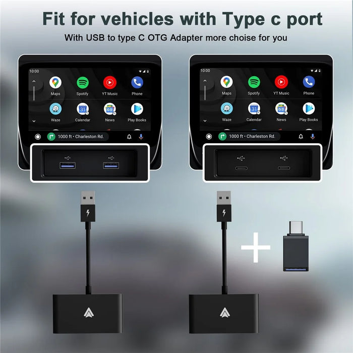 THT-020-2+ Android Auto Wireless CarPlay Adapter Android Auto Wired to Wireless Converter Support USB and Type-C Port - Black - 6