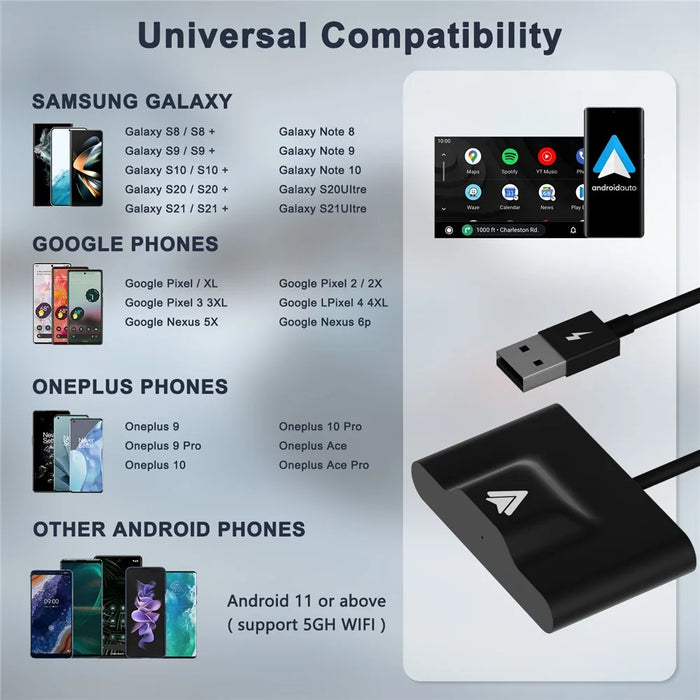 THT-020-3+ Wireless Android Auto Adapter Plug and Play Wired to Wireless Android Auto Dongle Compatible with Android 6.0+ - Black - 6