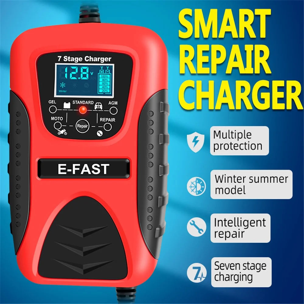 E-FAST zyx-J20 12V 7A 7-Stage Battery Charger Car Motorcycle Lead-Acid Battery Charger Maintainer - Red / EU Plug - 2