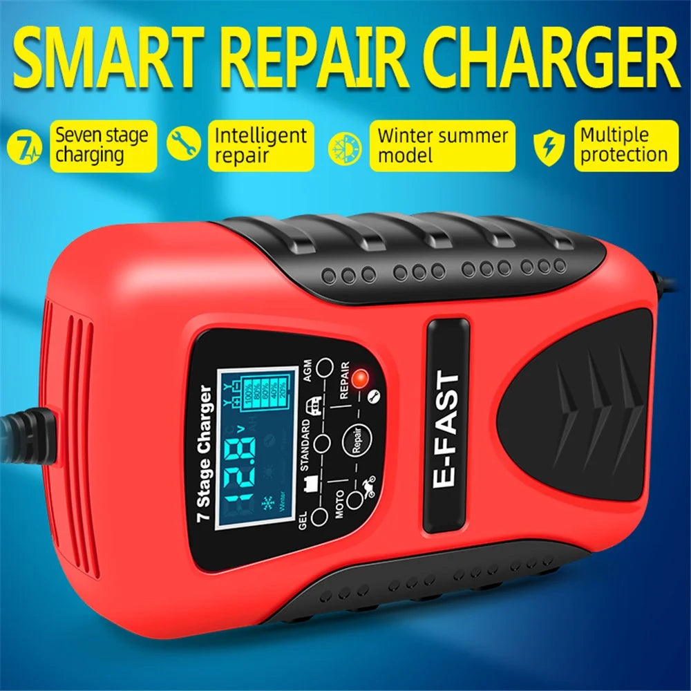E-FAST zyx-J20 12V 7A 7-Stage Battery Charger Car Motorcycle Lead-Acid Battery Charger Maintainer - Red / EU Plug - 3