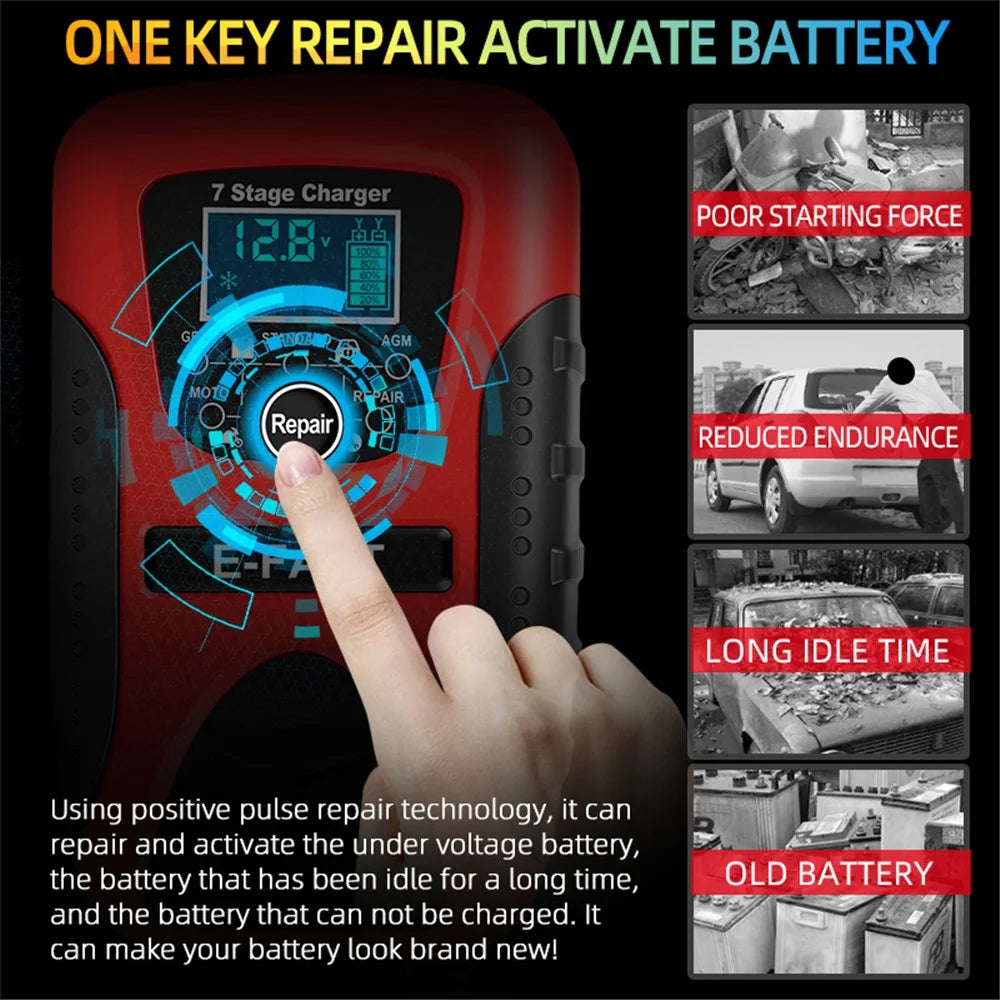 E-FAST zyx-J20 12V 7A 7-Stage Battery Charger Car Motorcycle Lead-Acid Battery Charger Maintainer - Red / EU Plug - 4