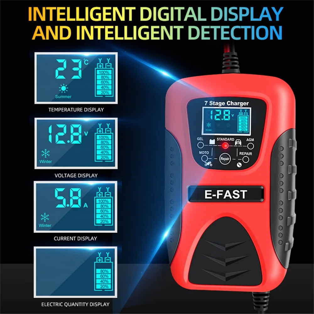 E-FAST zyx-J20 12V 7A 7-Stage Battery Charger Car Motorcycle Lead-Acid Battery Charger Maintainer - Red / EU Plug - 5