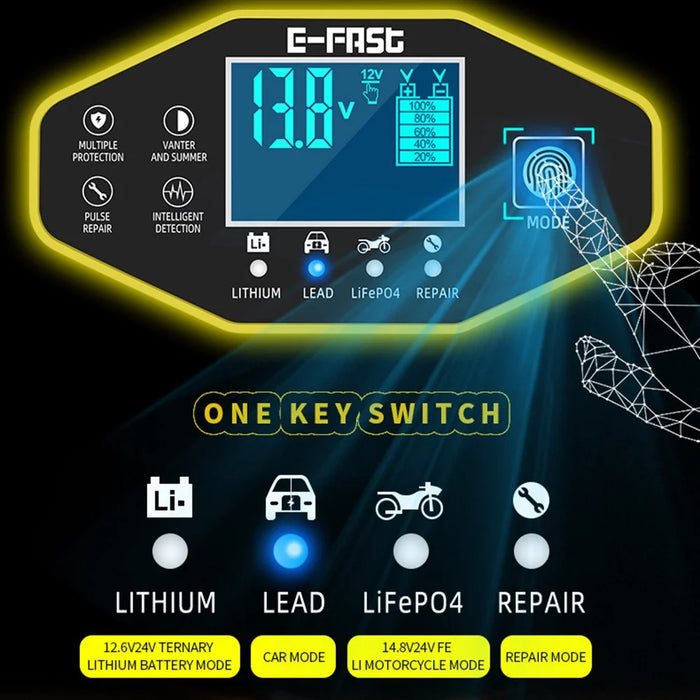 E-FAST zyx-J40 12V / 24V 7-Stage Car Motorcycle Battery Charger Lead-Acid Lithium Battery Charger - Yellow / EU Plug - 2
