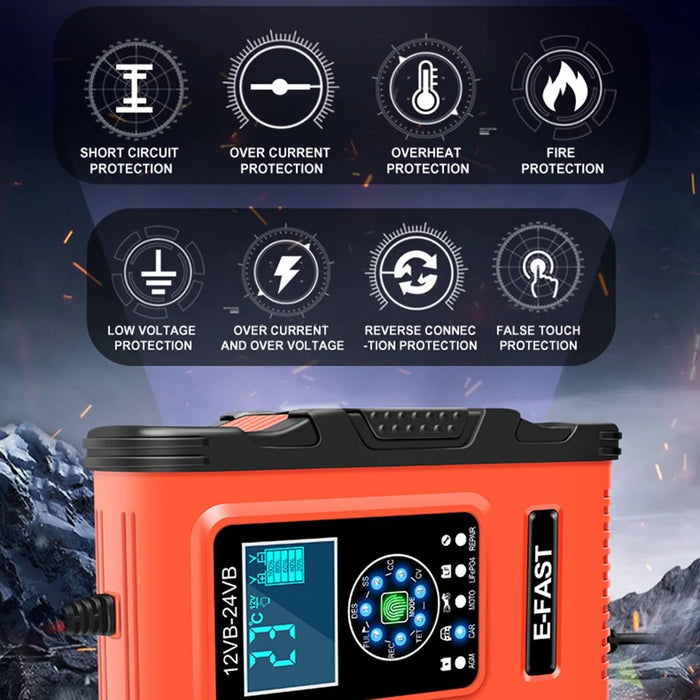 E-FAST TK500 12V / 24V 7-Stage Intelligent Battery Charger Car Truck Lead-Acid Battery Restore Charger - Orange / EU Plug - 4