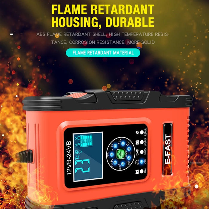 E-FAST TK500 12V / 24V 7-Stage Intelligent Battery Charger Car Truck Lead-Acid Battery Restore Charger - Orange / EU Plug - 7