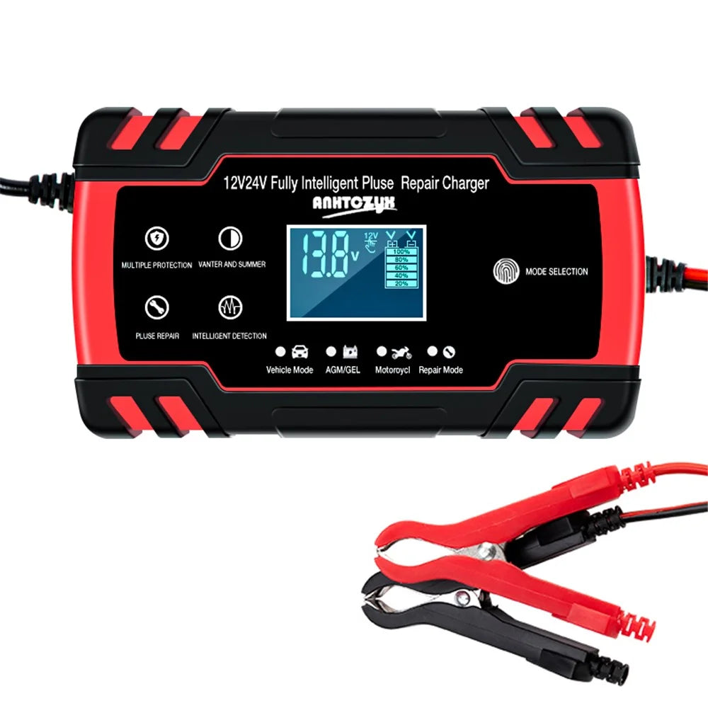 ANHTCZYX ZYX-J30 12V / 24V 3-Stage Smart Battery Charger Car Motorcycle Battery Restore Charger - Red / EU Plug - 1