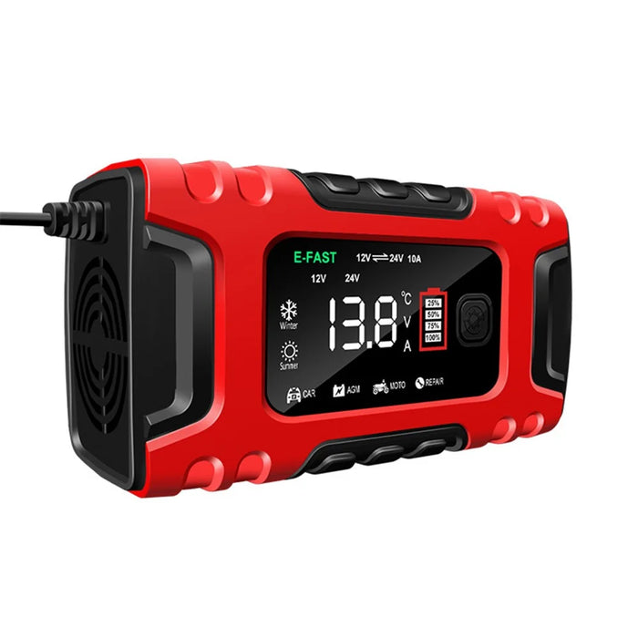 E-FAST TK-600 7-Stage Automatic Charger 12V / 24V Large Screen Car Battery Charger for Motorbikes, Trucks, etc. - Red / US Plug - 1