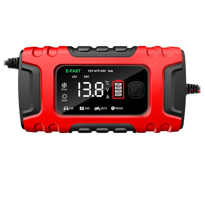 E-FAST TK-600 7-Stage Automatic Charger 12V / 24V Large Screen Car Battery Charger for Motorbikes, Trucks, etc. - Red / US Plug - 2