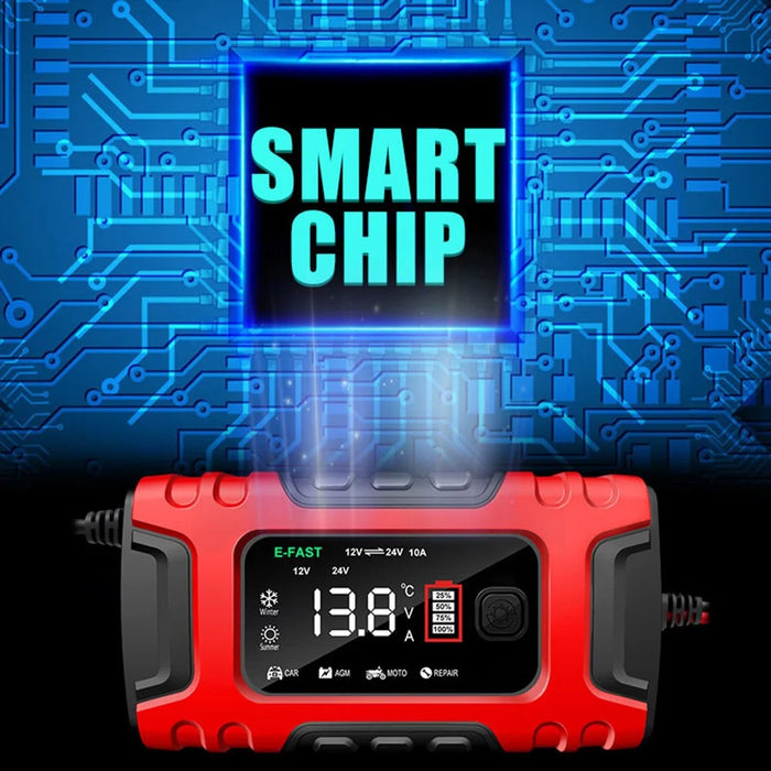 E-FAST TK-600 7-Stage Automatic Charger 12V / 24V Large Screen Car Battery Charger for Motorbikes, Trucks, etc. - Red / US Plug - 5