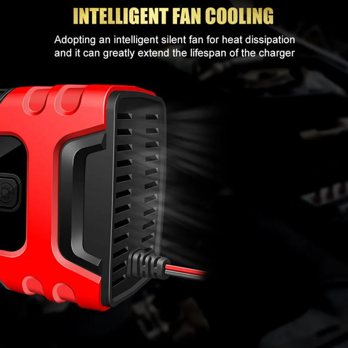 E-FAST TK-600 7-Stage Automatic Charger 12V / 24V Large Screen Car Battery Charger for Motorbikes, Trucks, etc. - Red / US Plug - 6