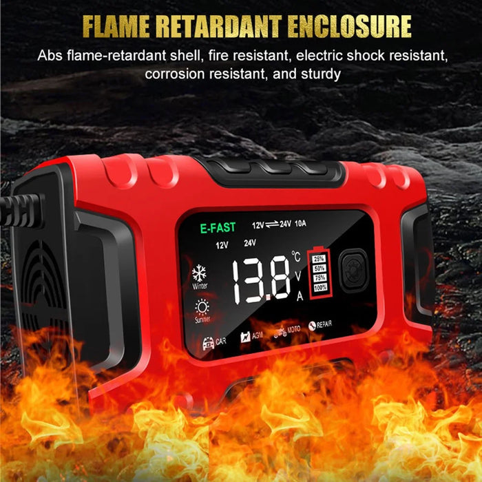 E-FAST TK-600 7-Stage Automatic Charger 12V / 24V Large Screen Car Battery Charger for Motorbikes, Trucks, etc. - Red / US Plug - 7