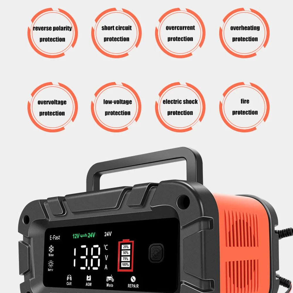 E-FAST TK-700 7-Stages 12V / 24V Motorcycle Car Battery Charger Large Screen Display Smart Battery Charger - US Plug - 7
