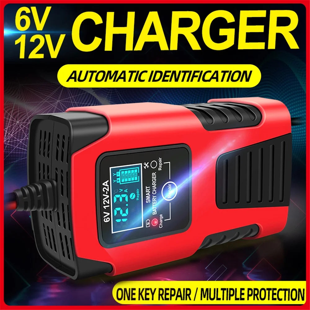 E-FAST ZYX-J99 6V / 12V Lead-Acid Battery Charger for Motorcycles, Tricycles Intelligent Repair Battery Charger - Red / US Plug - 2