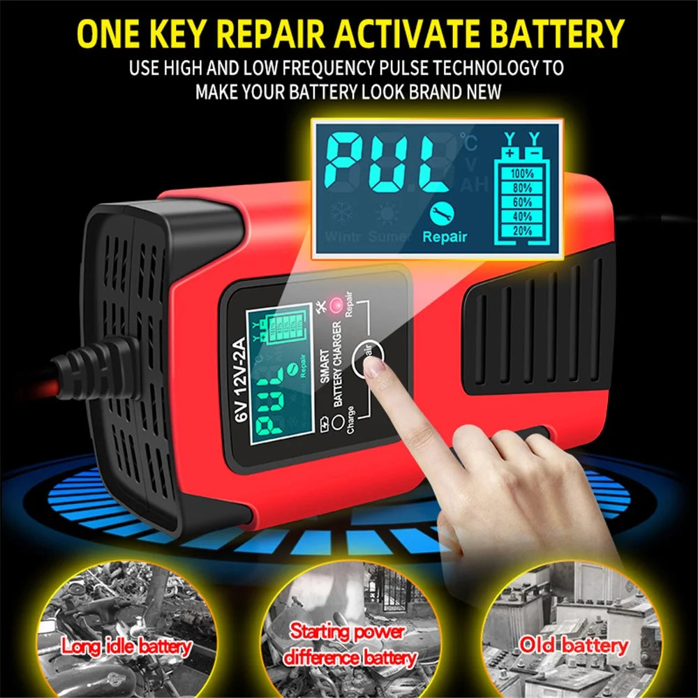 E-FAST ZYX-J99 6V / 12V Lead-Acid Battery Charger for Motorcycles, Tricycles Intelligent Repair Battery Charger - Red / US Plug - 4