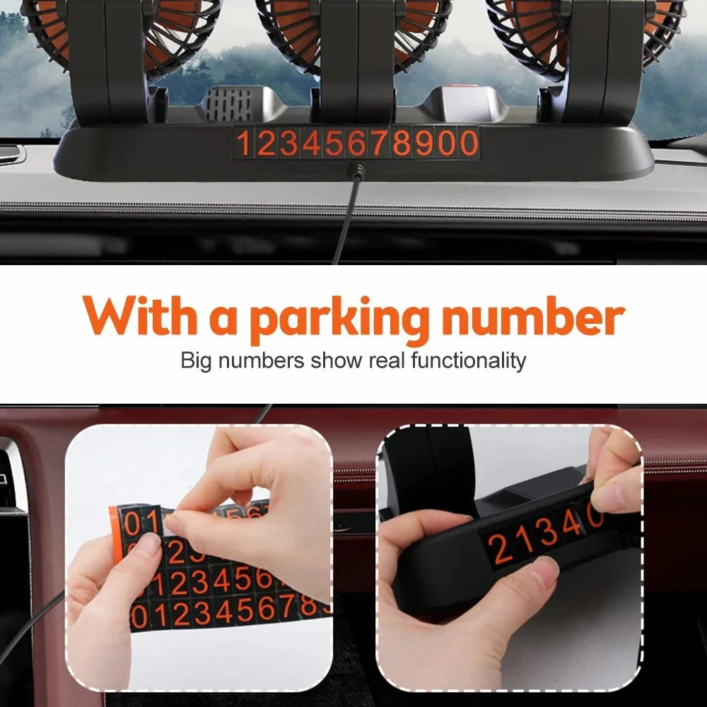 F4310 Summer Car Cooler Fan Vehicle Interior 3-Head Cooling Fan with Parking Number Plate - 24V Cigarette Lighter Plug - 5