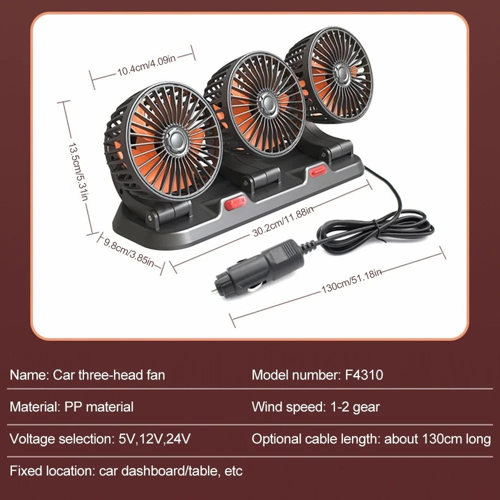 F4310 Summer Car Cooler Fan Vehicle Interior 3-Head Cooling Fan with Parking Number Plate - 24V Cigarette Lighter Plug - 7