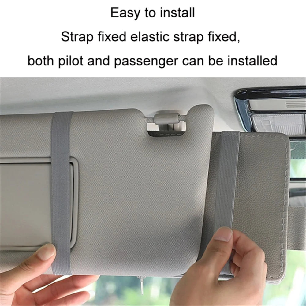 Car Sun Visor Decorative Storage Bag PU Leather Bill Glasses Cards CD Holder Storage Bag (No Zipper) - Grey - 2