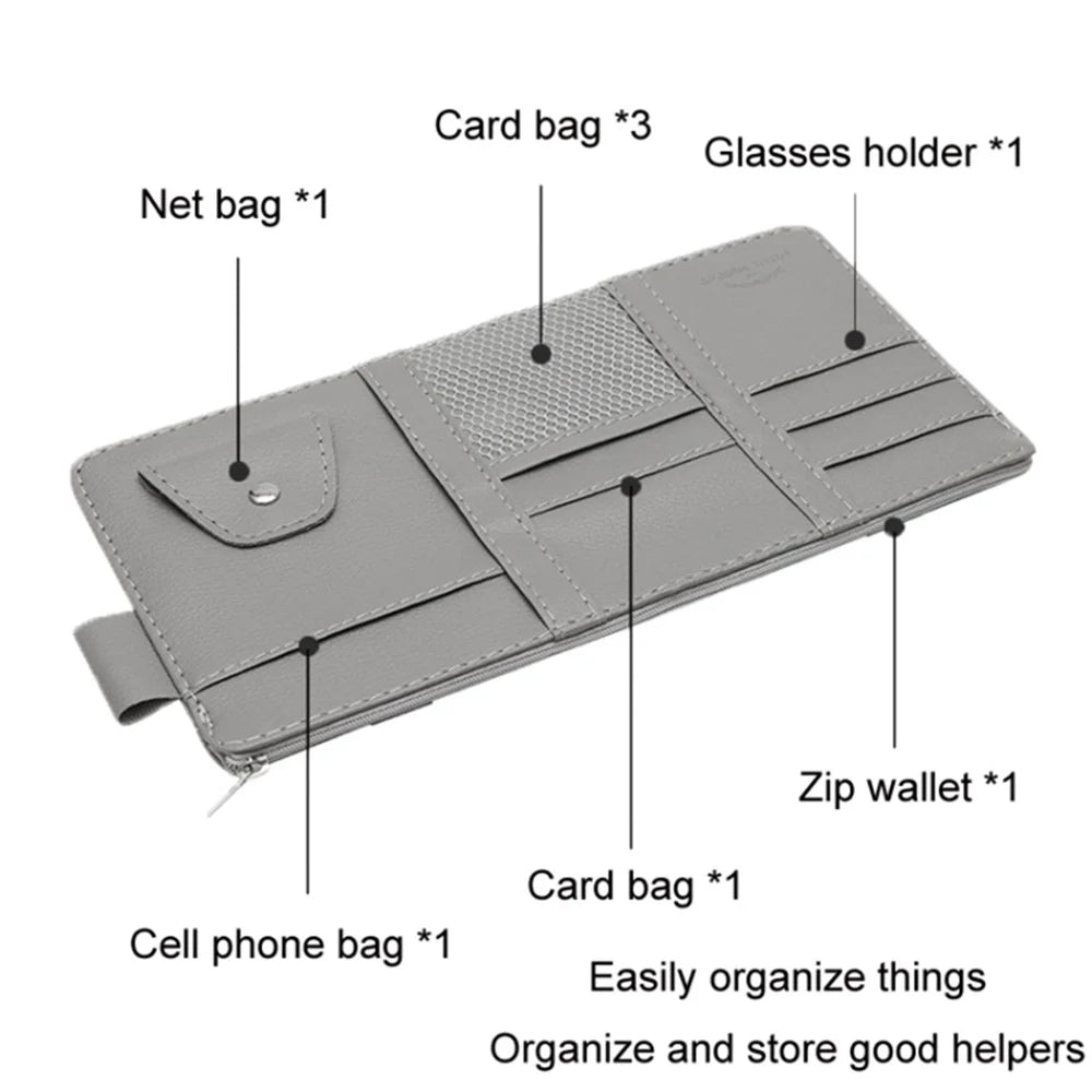 Car Sun Visor Decorative Storage Bag PU Leather Bill Glasses Cards CD Holder Storage Bag (No Zipper) - Grey - 4
