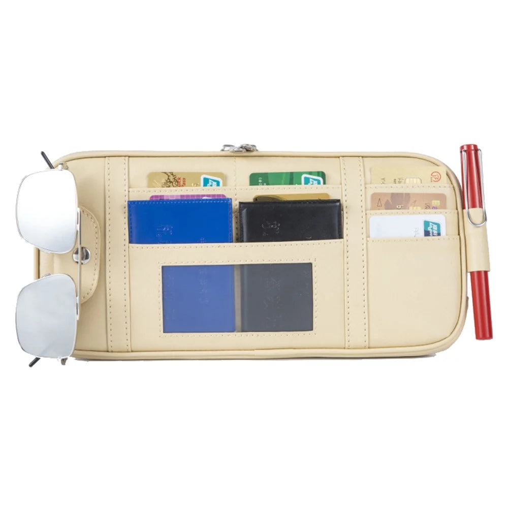 Car Sun Visor Storage Bag PU Leather Driving License Glasses Cards Holder Zipper Pocket Storage Bag - Beige - 1