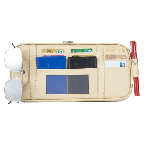 Car Sun Visor Storage Bag PU Leather Driving License Glasses Cards Holder Zipper Pocket Storage Bag - Beige - 1