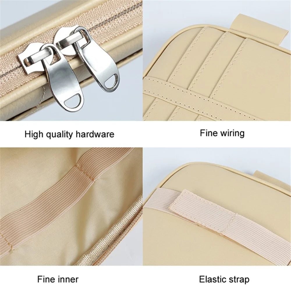 Car Sun Visor Storage Bag PU Leather Driving License Glasses Cards Holder Zipper Pocket Storage Bag - Beige - 2