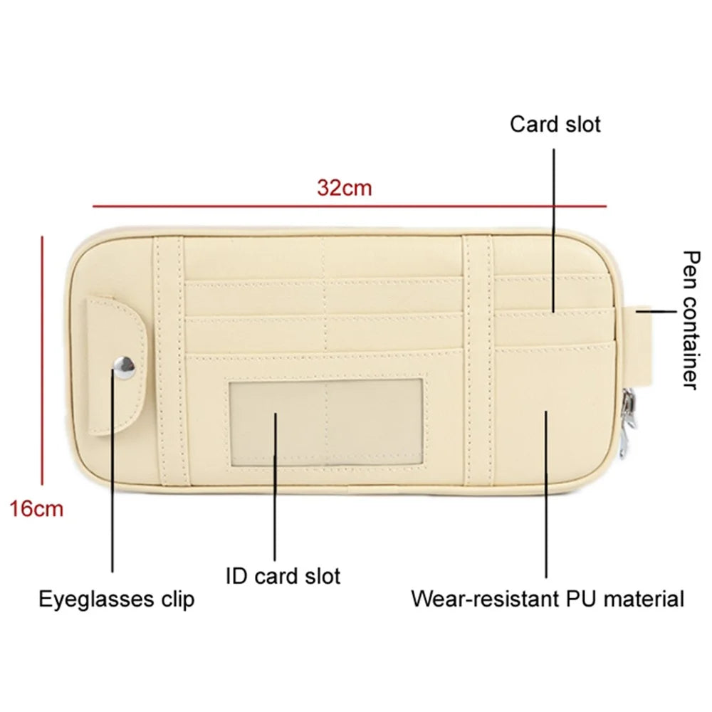 Car Sun Visor Storage Bag PU Leather Driving License Glasses Cards Holder Zipper Pocket Storage Bag - Beige - 3