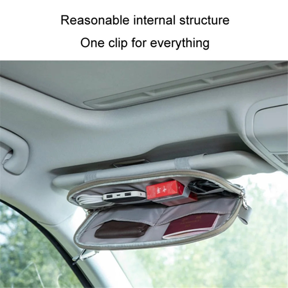 Car Sun Visor Storage Bag PU Leather Driving License Glasses Cards Holder Zipper Pocket Storage Bag - Beige - 4