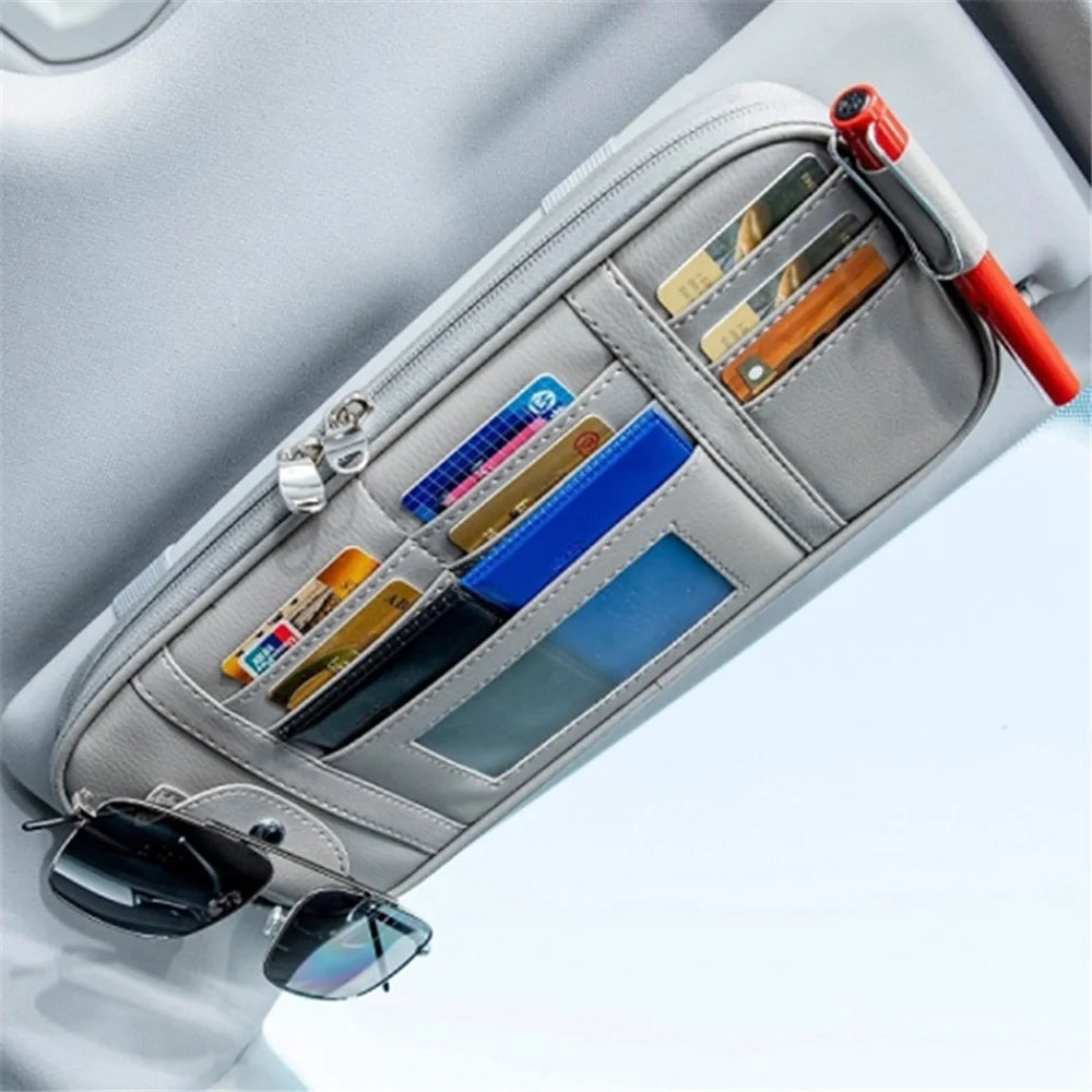 Car Sun Visor Storage Bag PU Leather Driving License Glasses Cards Holder Zipper Pocket Storage Bag - Beige - 5