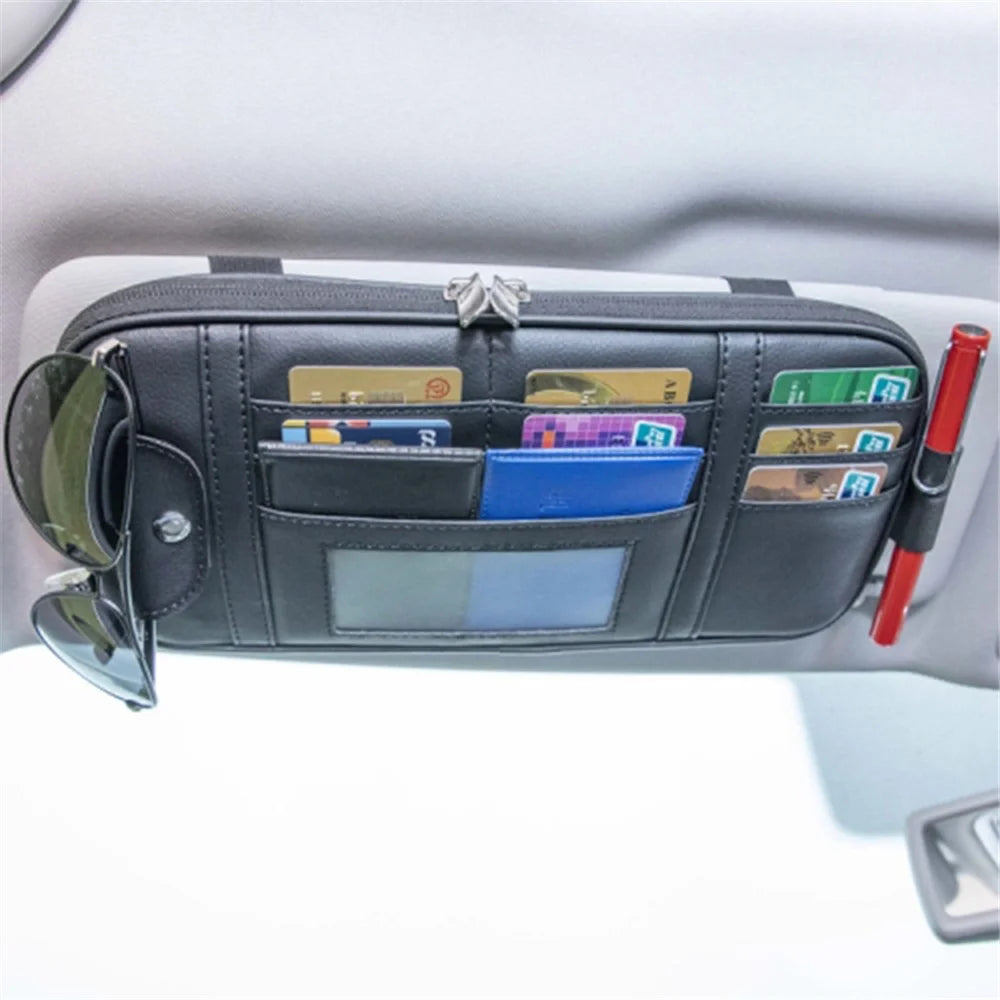 Car Sun Visor Storage Bag PU Leather Driving License Glasses Cards Holder Zipper Pocket Storage Bag - Beige - 6