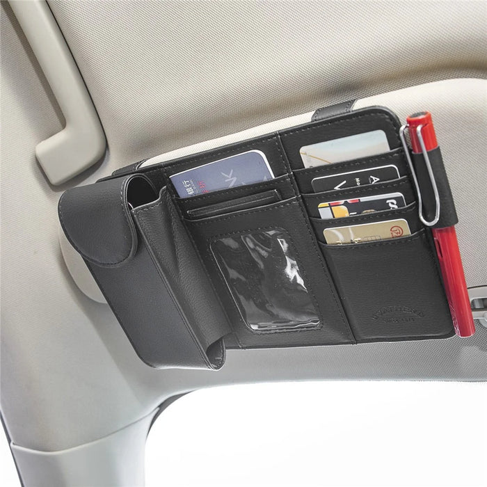 GOATHERD Car Sun Visor Microfiber Leather Storage Bag Driver License Cards Glasses Holder Bag - Black - 2