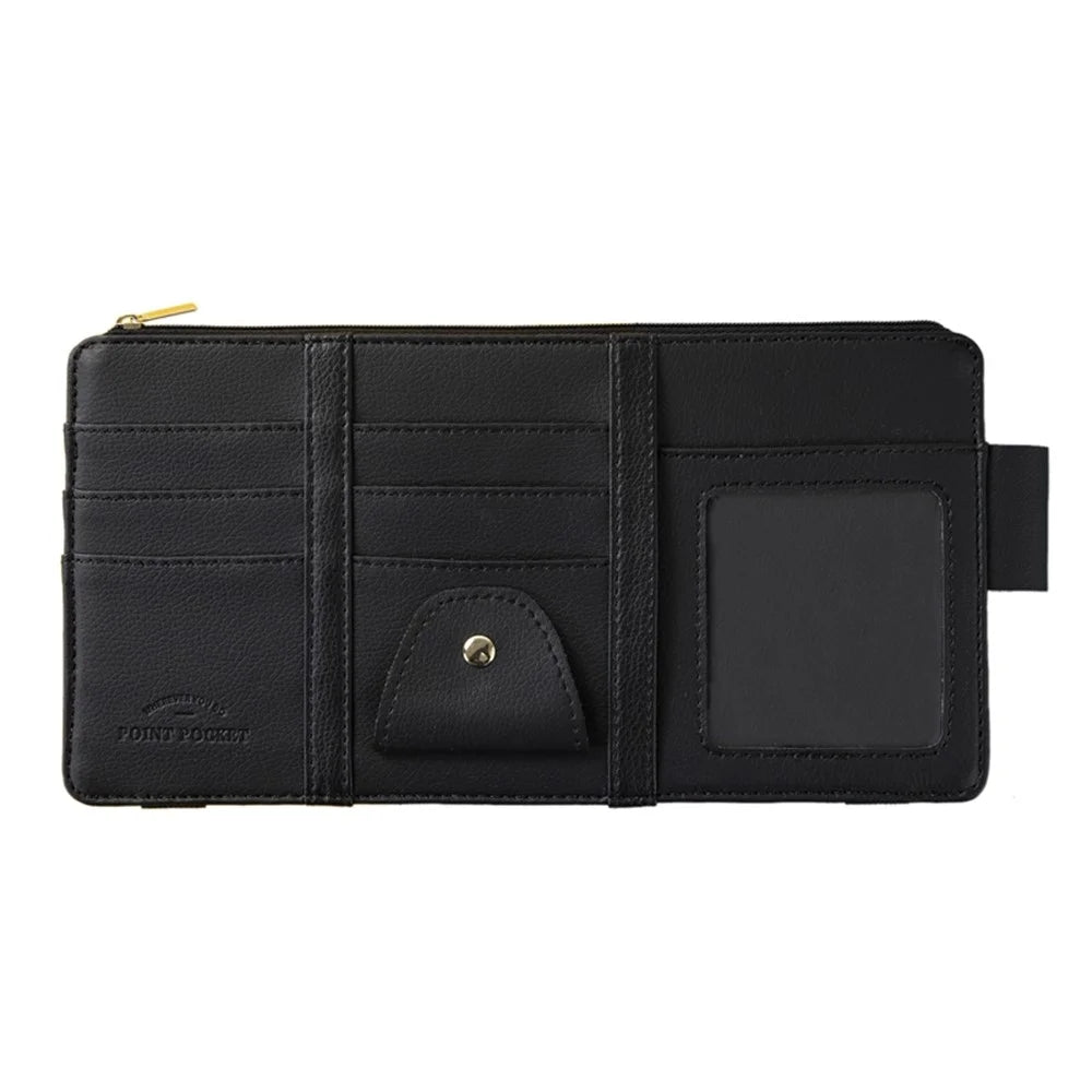 Car Sun Visor Zipper Pocket Storage Bag Microfiber Leather Cards Glasses Phone Holder Bag - Black - 1