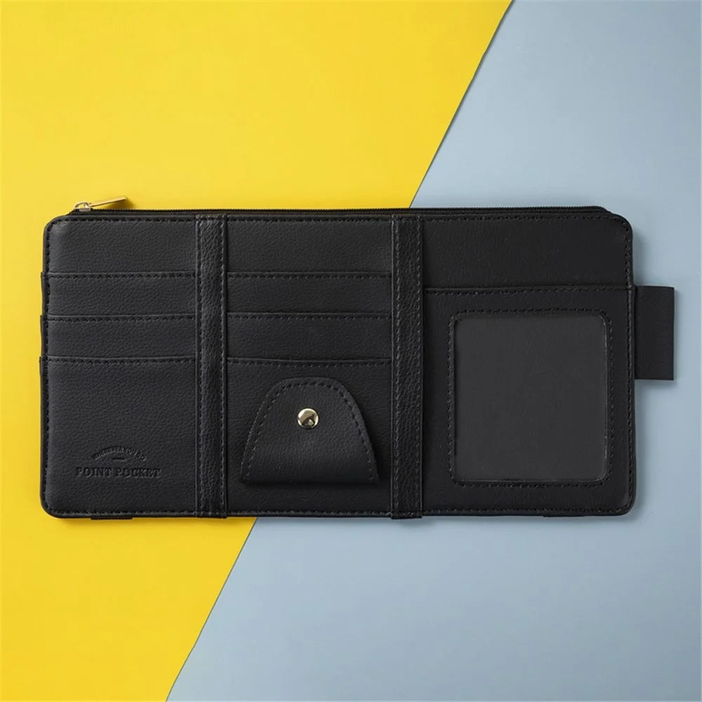 Car Sun Visor Zipper Pocket Storage Bag Microfiber Leather Cards Glasses Phone Holder Bag - Black - 2