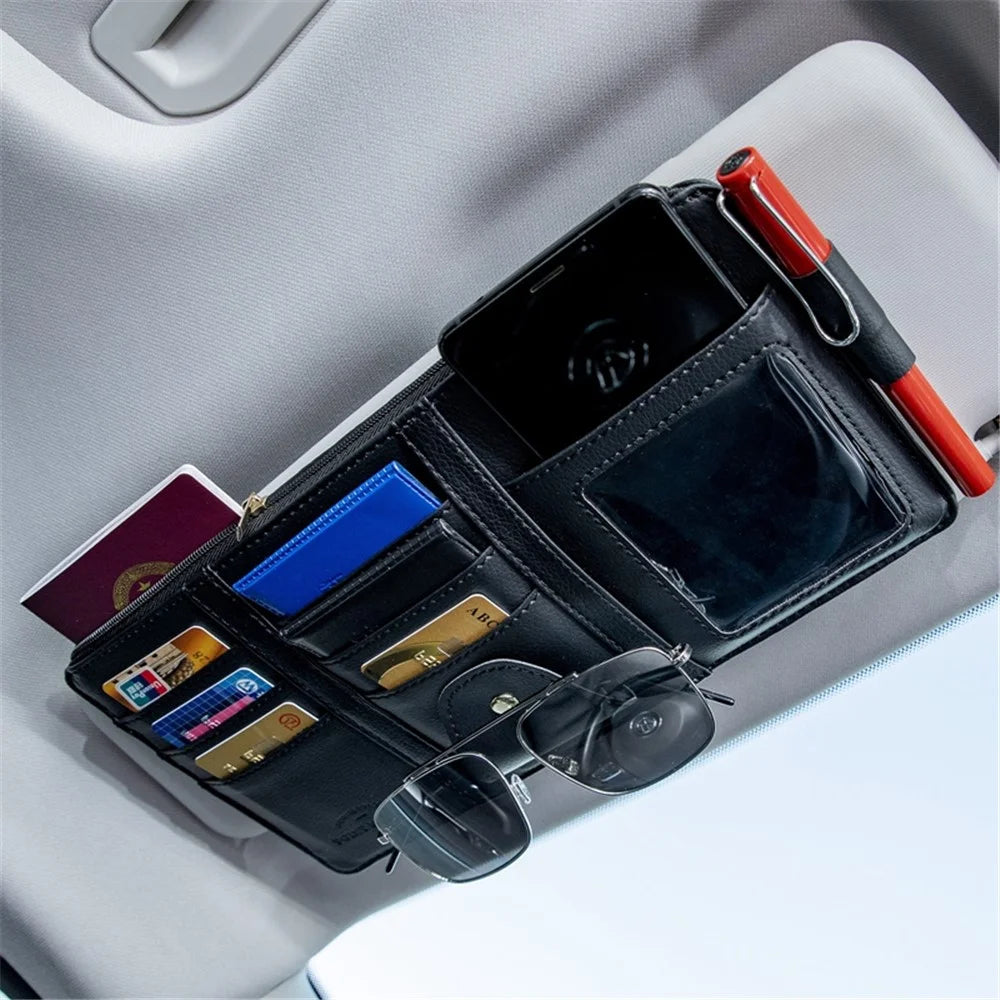Car Sun Visor Zipper Pocket Storage Bag Microfiber Leather Cards Glasses Phone Holder Bag - Black - 3