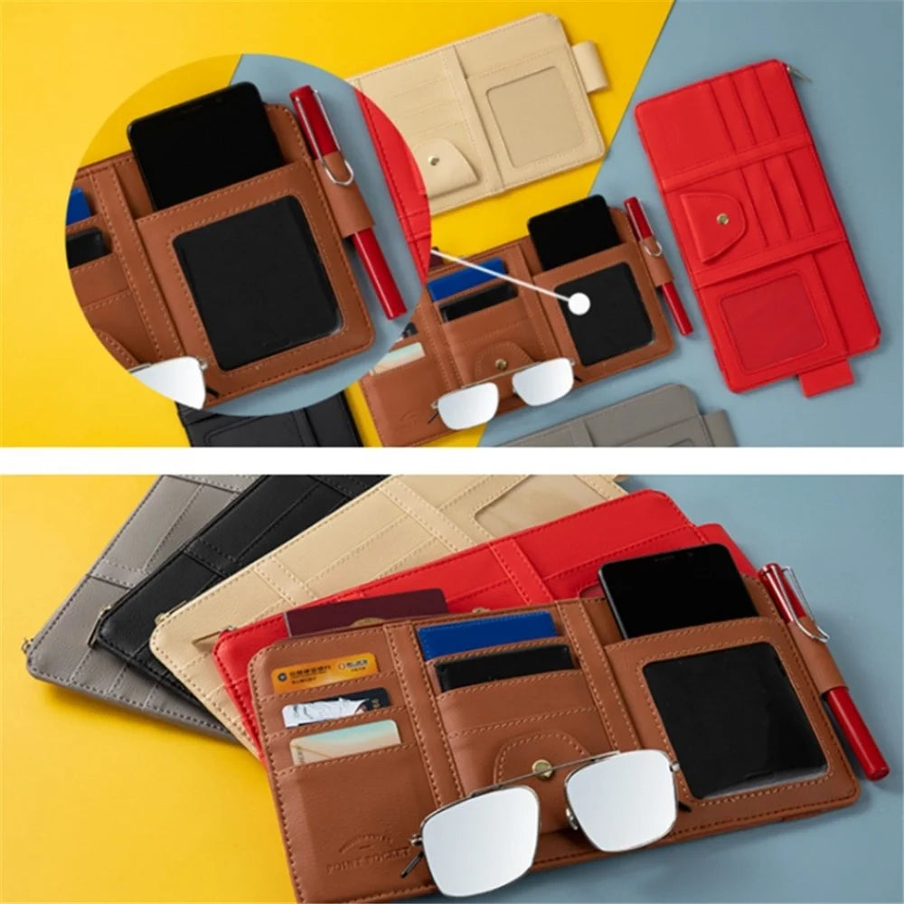 Car Sun Visor Zipper Pocket Storage Bag Microfiber Leather Cards Glasses Phone Holder Bag - Black - 5