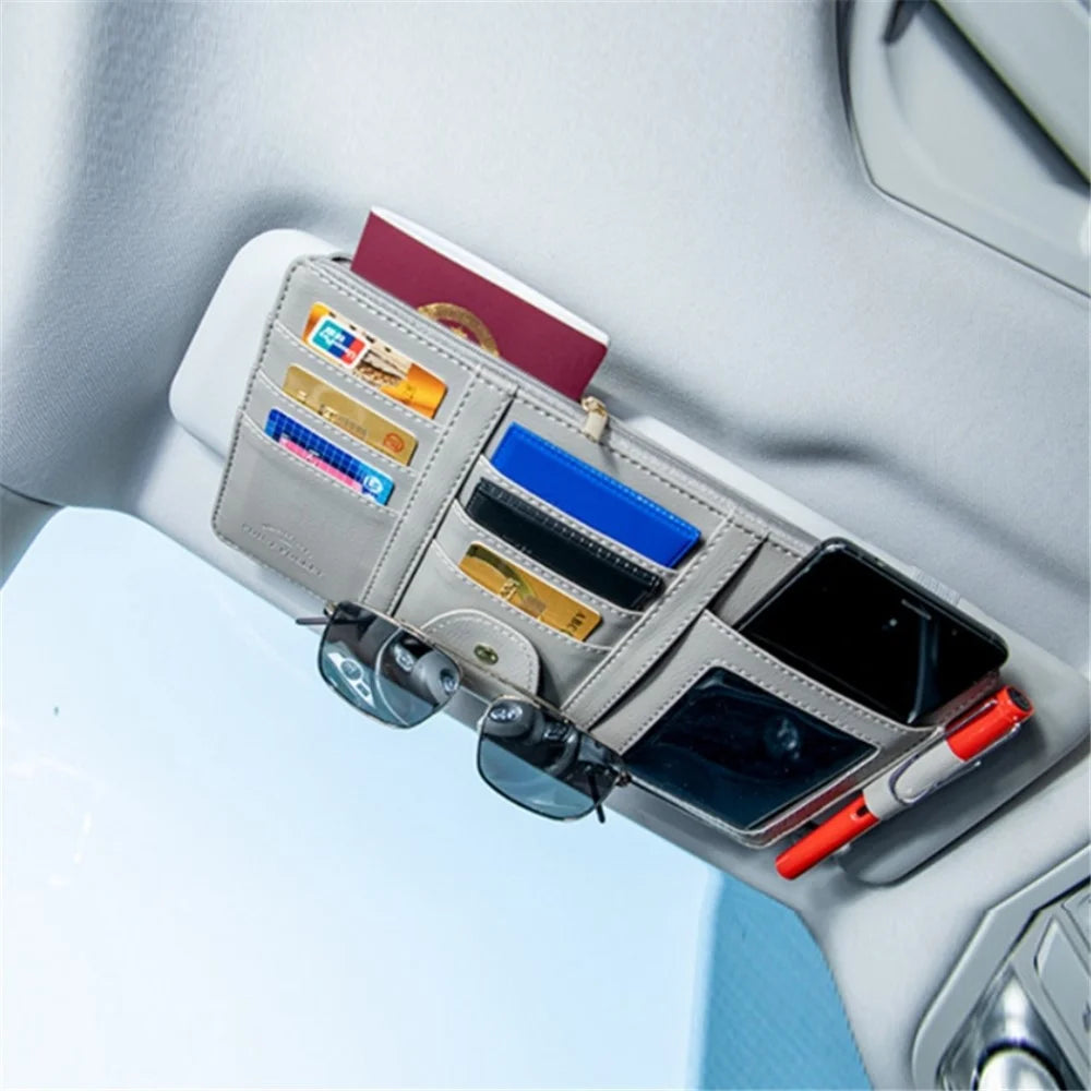 Car Sun Visor Zipper Pocket Storage Bag Microfiber Leather Cards Glasses Phone Holder Bag - Black - 6