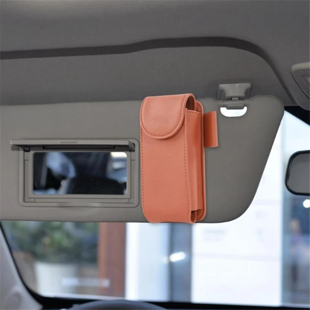 GOATHERD Car Sun Visor Mount Microfiber Leather Sunglasses Storage Bag Glasses Holder Pouch - Brown - 3