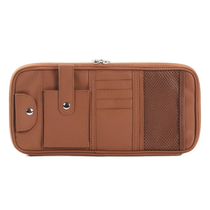 Car Sunshade Storage Bag Multi-Pockets Sunglasses Cards Pen Organizer Microfiber Leather Pouch - Brown - 1