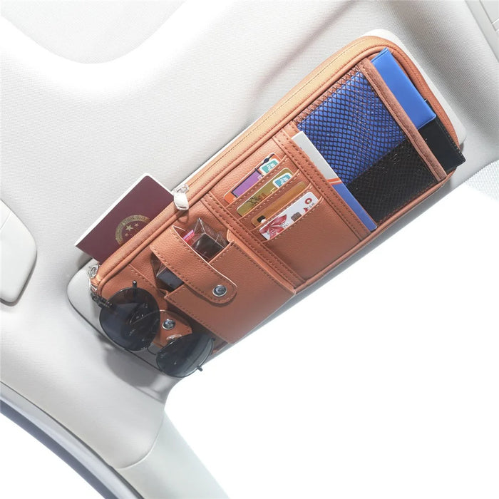 Car Sunshade Storage Bag Multi-Pockets Sunglasses Cards Pen Organizer Microfiber Leather Pouch - Brown - 2