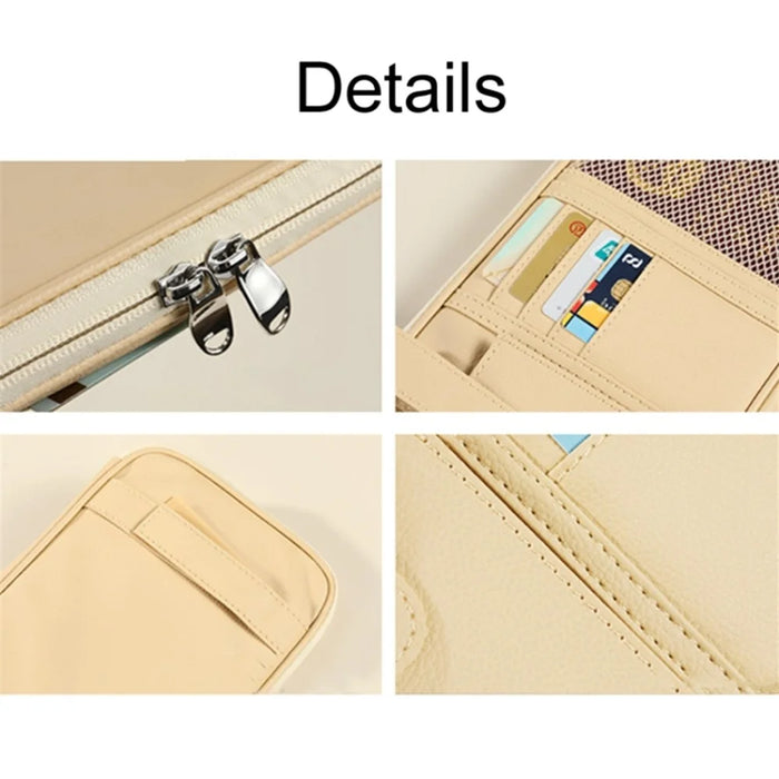 Car Sunshade Storage Bag Multi-Pockets Sunglasses Cards Pen Organizer Microfiber Leather Pouch - Brown - 4