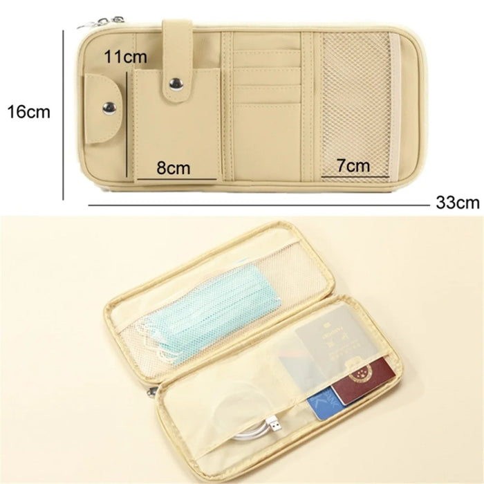 Car Sunshade Storage Bag Multi-Pockets Sunglasses Cards Pen Organizer Microfiber Leather Pouch - Brown - 6